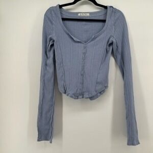 We The Free Dusty Blue Ribbed Long Sleeve Crop Top